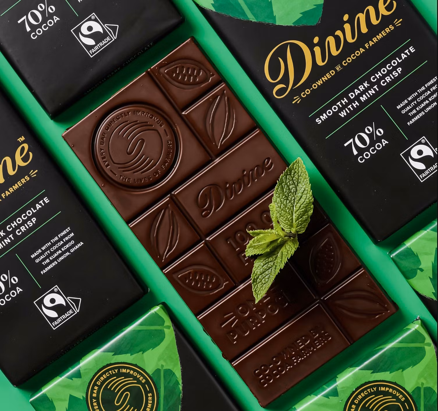 Divine choklad med mintcrisp och pepparmintsolja. 70% kakaohalt.