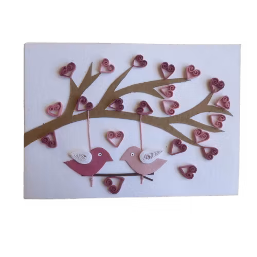 Brevkort m kuvert, Fåglar i kärleksträdet. Fastlimmat, upphöjt motiv i många små hjärtan på trädet. Fair Trade Bangladesh