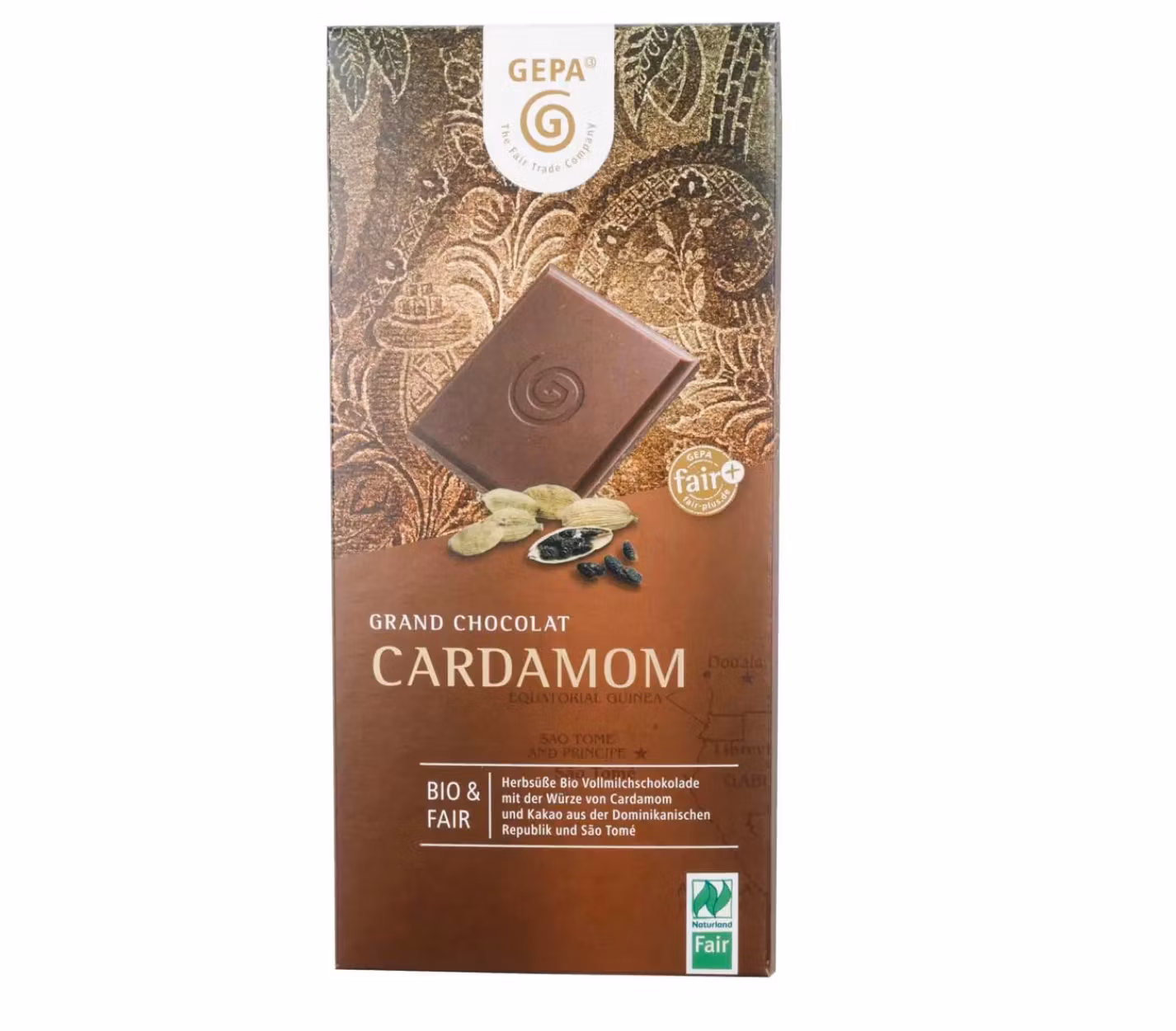 Ekologisk mjölkchoklad, Grand Kardemumma, med kardemumma. Orientalisk smak. Fairtrade.