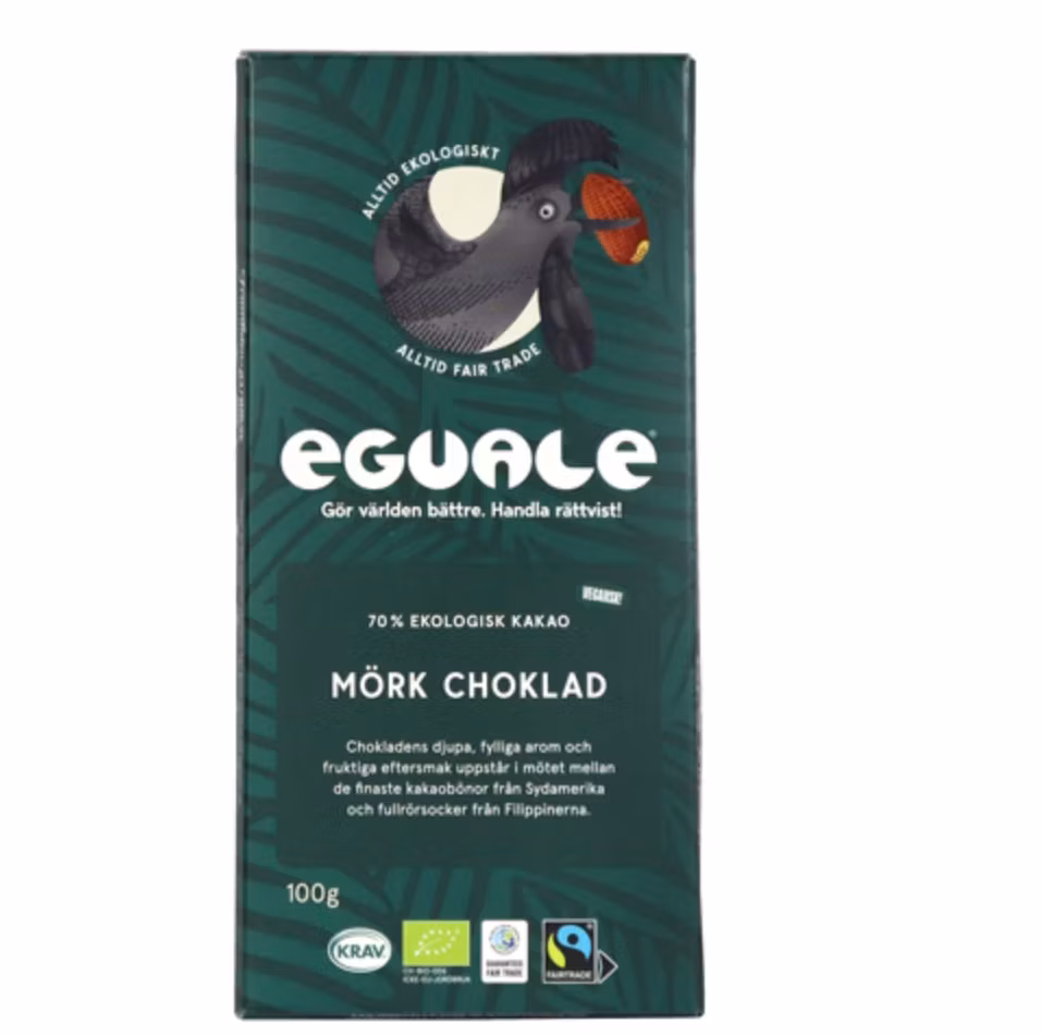 Eguale mörk choklad 70%, eko, vegansk, Fairtrade.