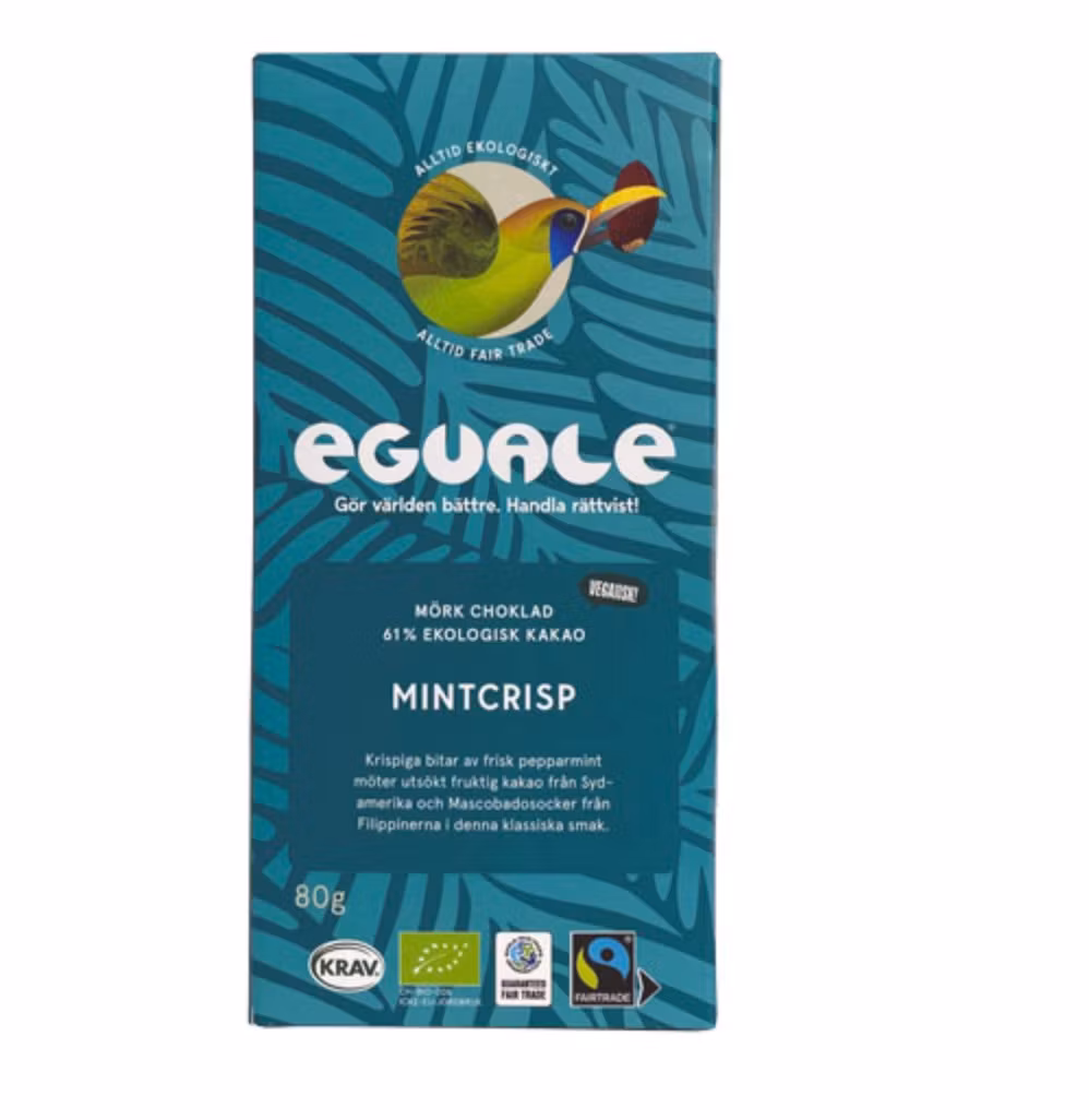 Eguale Mörk choklad 61%, Mintcrisp, uppfriskande smak, Fairtrade, ekologisk, vegansk