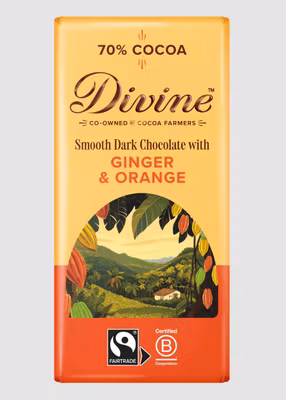 Divine Mörk choklad 70%, Ingefära & Apelsin, vegan