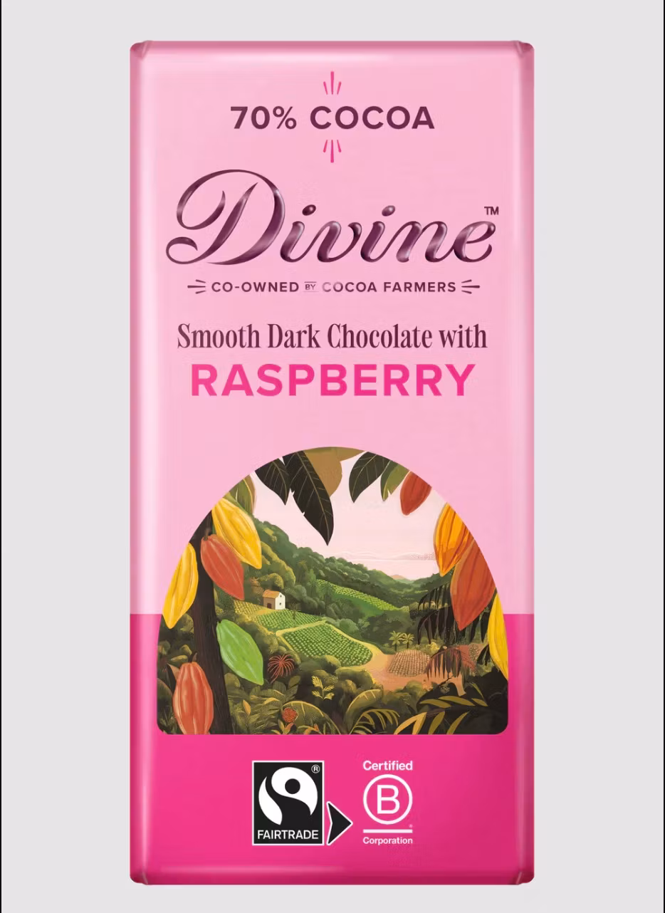 Smooth Dark Chocolate with Raspberries, 70 % kakao, en mörk choklad med halloncrisp. Fairtrade.