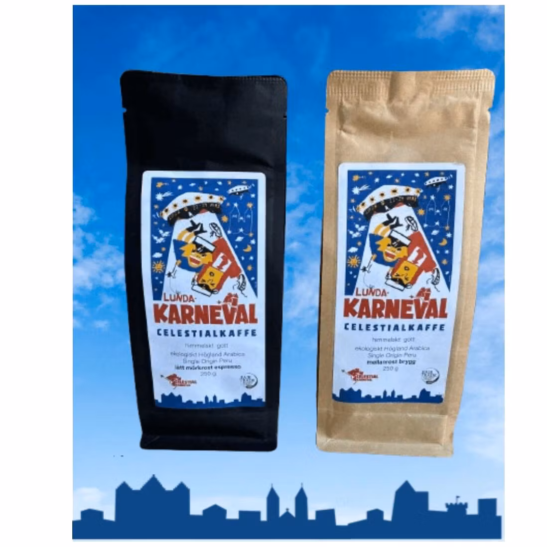 Himmelskt gott karnevalskaffe 2026, bryggmalet och espressomalet. Fair Trade, ekologiskt. Bild med  med Lunds silhuett.