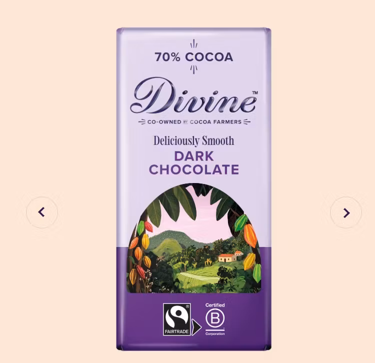 Divine Mörk choklad 70%, Fairtrade, Kakao från Ghana. Vegansk.