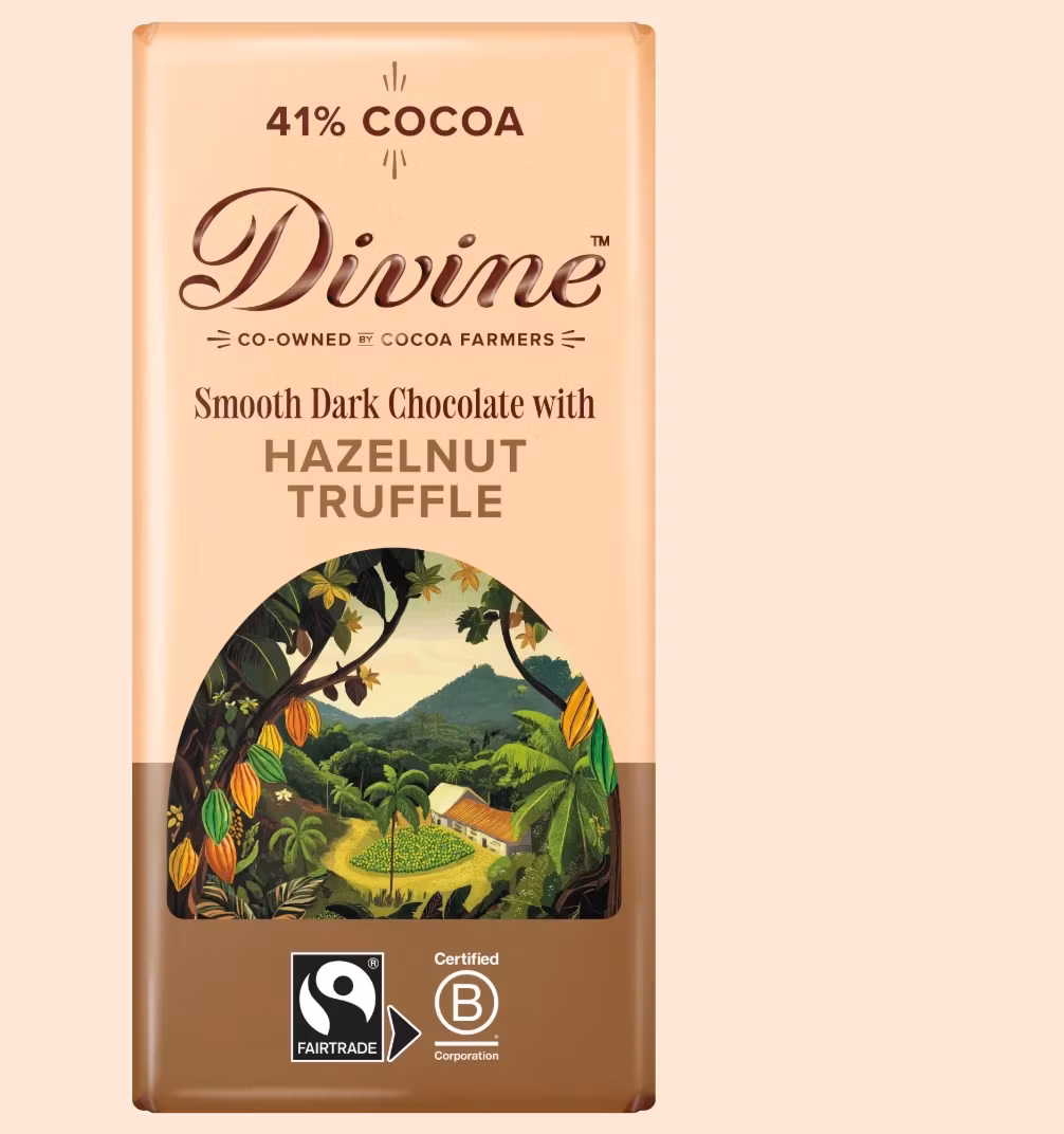 Divine Mörk choklad 41 %, fylld med HASSELNÖTstryffel. Krämig, läcker och fyllig smak. Fairtrade.