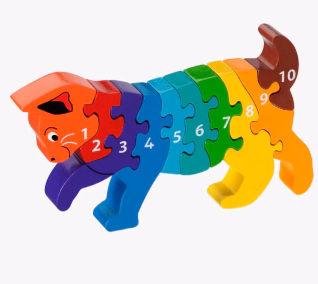 Räknepussel, färgglad katt med siffror 1-10, trä. Fair Trade.