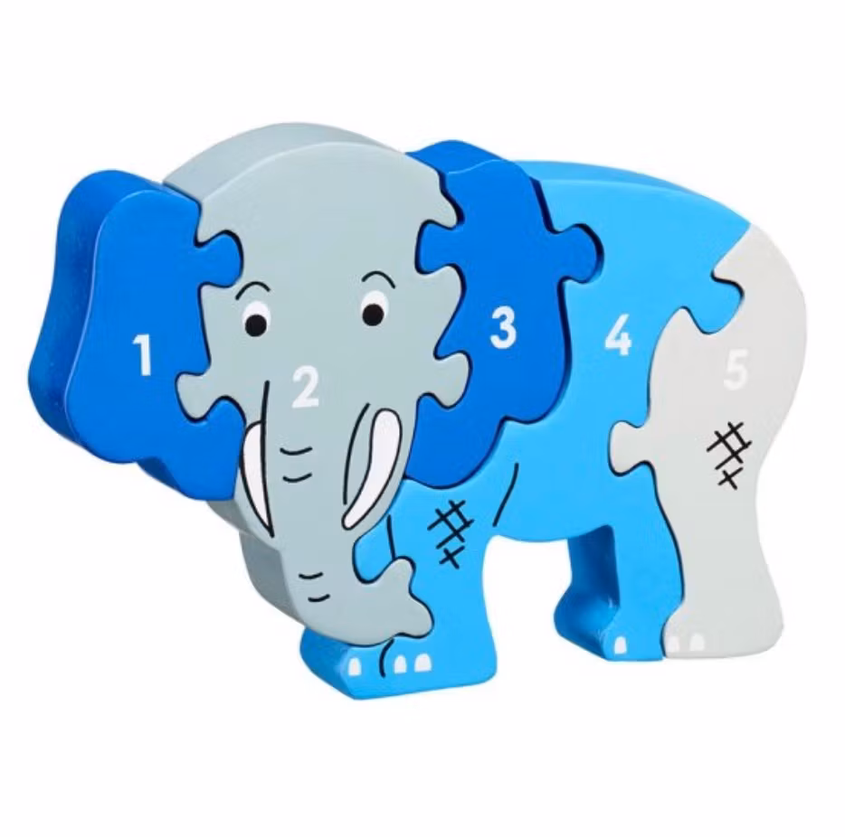 Räknepussel Elefant, siffror 1- 5, trä. Fair Trade Sri Lanka.
