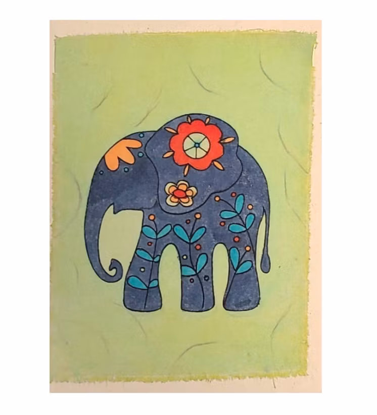 Brevkort med kuvert, Elefant med blomstermönster mot ljusgrön bakgrund, batik, loktapapper
