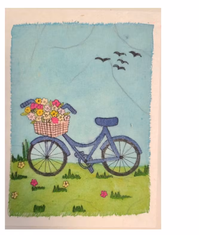 Brevkort av loktapapper med kuvert, motiv Blomstercykel i batik på tyg. Fair Trade Nepal.