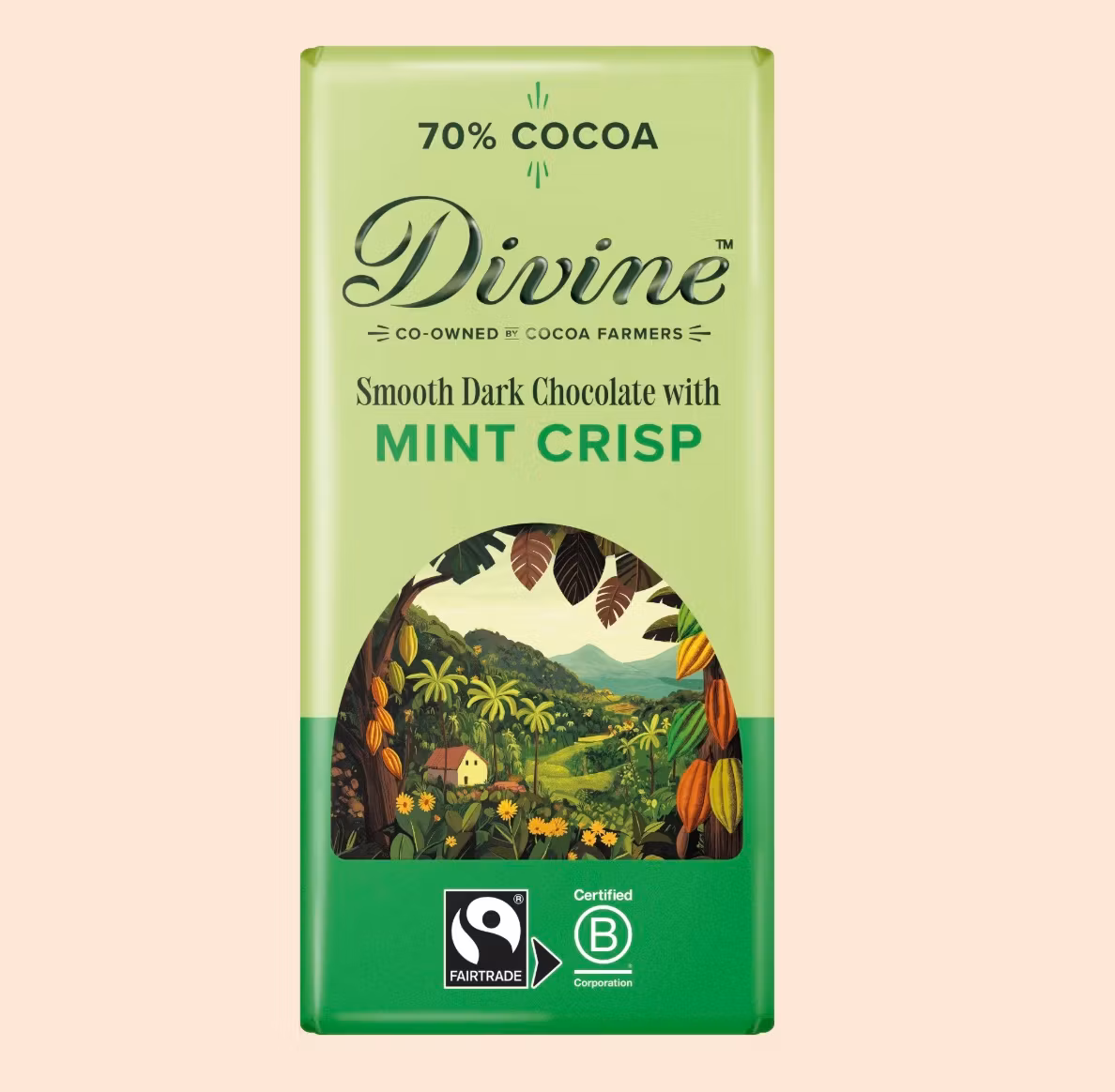 Divine Dark Chocolate with Mint Crips är en mörk choklad med mintcrisp smaksatt med naturlig pepparmintsolja. Fairtrade.