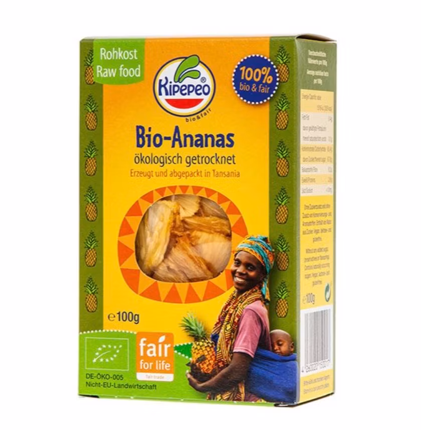 Torkad ananas från Tanzania, ekologisk, fairtrade. Högkvalitet. Utan tillsatser, skonsamt torkad.