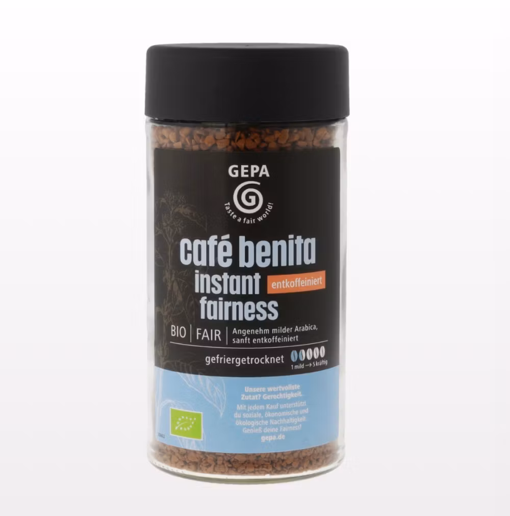 Cafe Benita, frystorkat ekologiskt snabbkaffe utan koffein, med fyllig smak. Arabicabönor från små odlingar i Latinamerika. Koffeinfritt genom koldioxidprocessen. Ekologiskt, Fair Trade & utan koffe