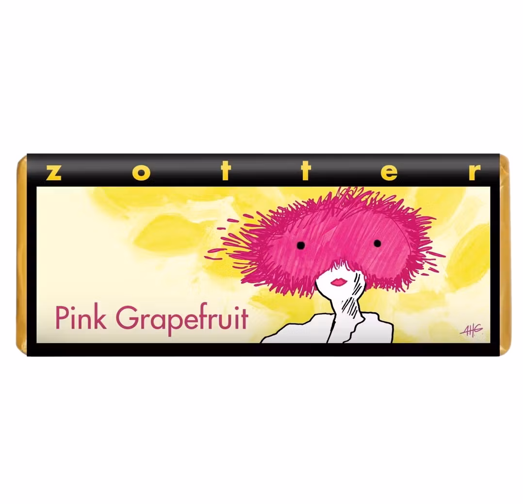 Zotter Pink Grapefruit, pralin av mjölkchoklad med ljuvligt fyllning. Konstnärligt omslag. Ekologisk och Fairtrade.