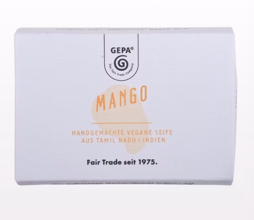 Fast tvål med uppfriskande doft av mango. 100 % vegetabilisk. Inte testad på djur. Handgjord i Indien, Fair Trade.