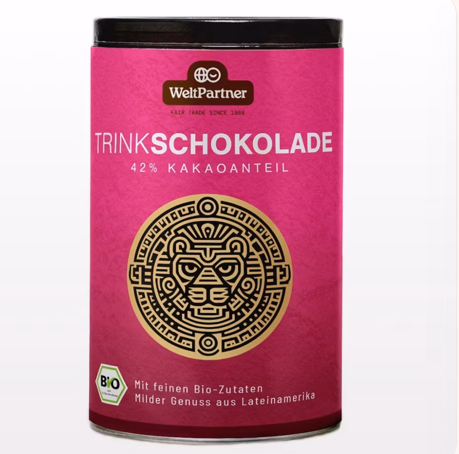 Drickchoklad, ekologisk, vegansk. Med 42 % kakaoandel och rörsocker. Fair Trade.