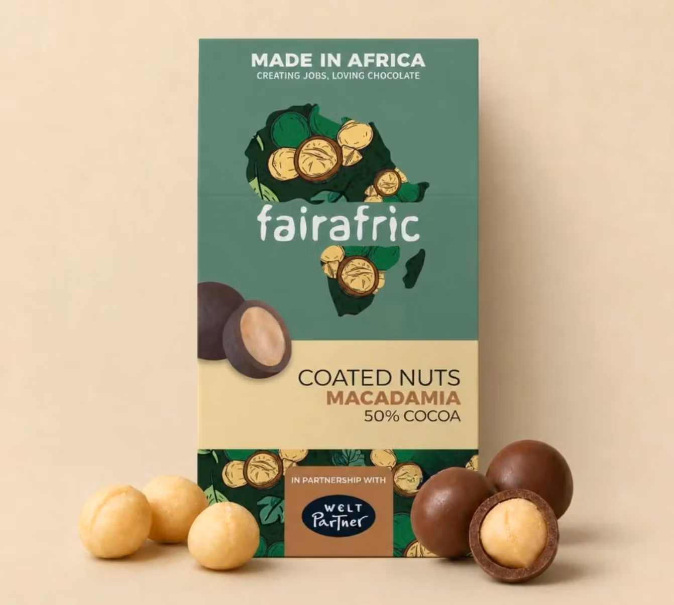 Fairafric godis, Macadamianöt doppad i mörk choklad ekologisk, vegan.