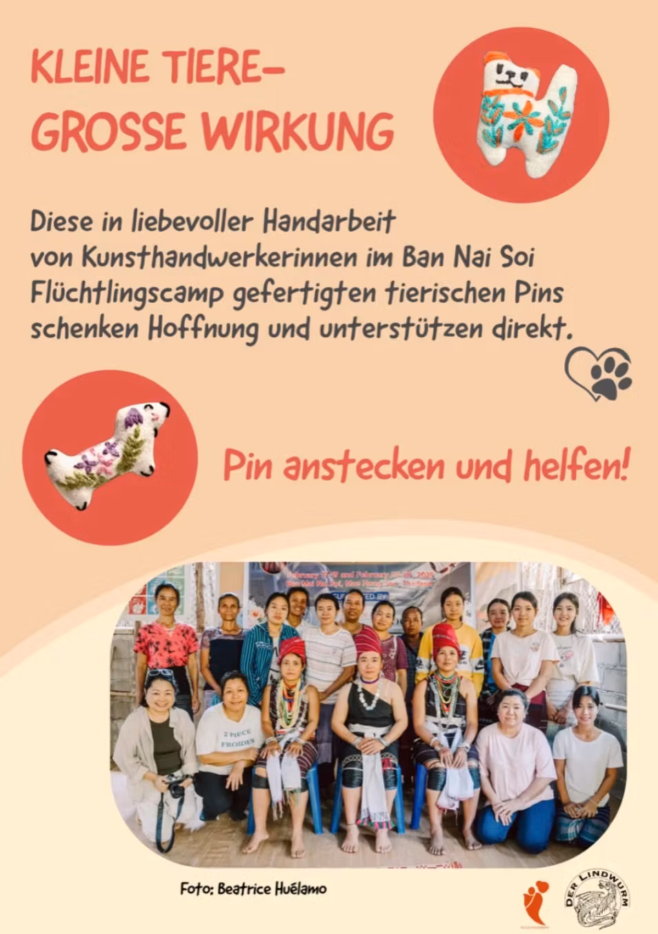 Sunny & Lucky, pins från flyktingläger som ger hopp. Informationsblad på tyska.