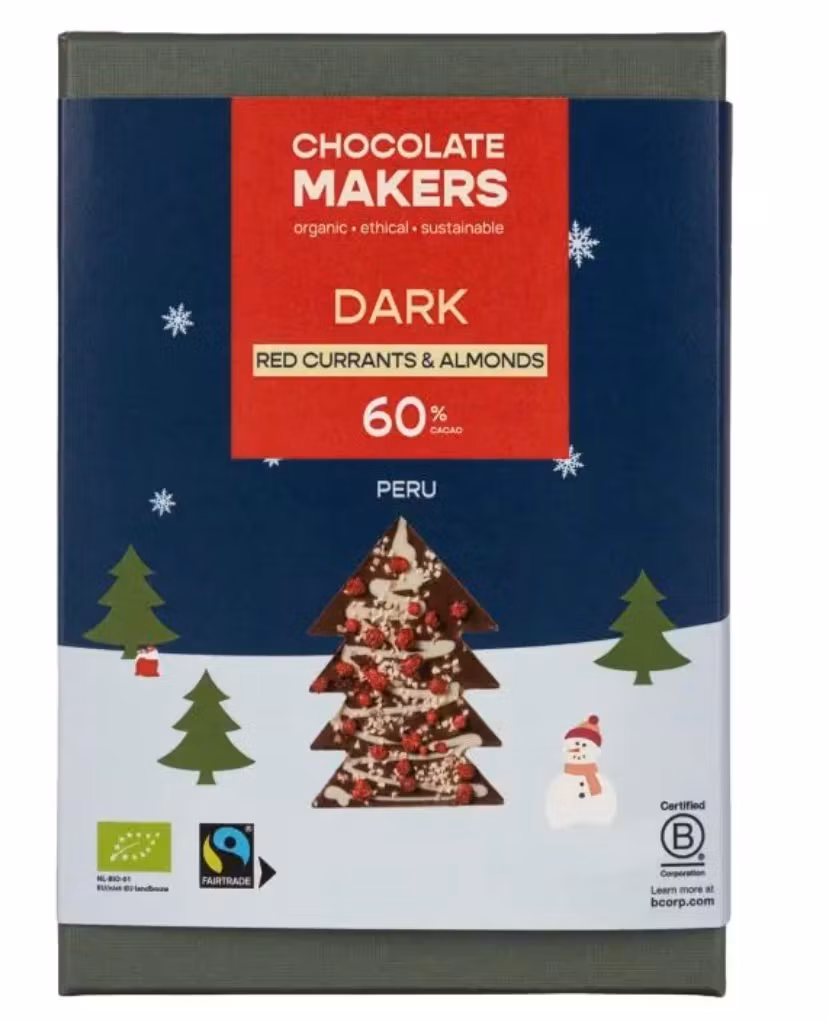 Mörk julchoklad Julgran, läcker, vacker, ekologisk & Fairtrade, 110 g, 125 kr. Dekorativ ask med julmotiv.