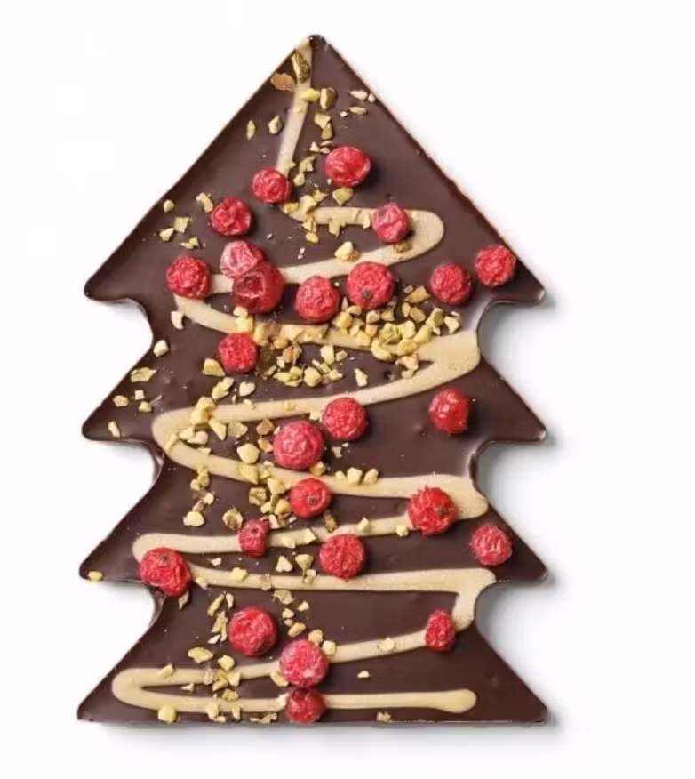 Mörk julchoklad Julgran, läcker, vacker, ekologisk & Fairtrade, Dekorerad julgransform utan ask.