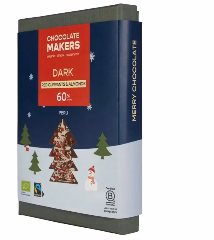 Mörk julchoklad Julgran, läcker, vacker, ekologisk & Fairtrade, 110 g, 125 kr. Dekorativ ask, avtagbar omslag med julmotiv. Bild stående från sidan.