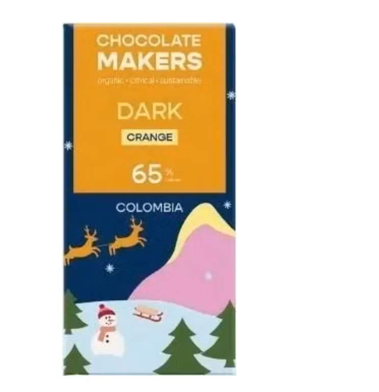 Vinterglädje, Mörk choklad med apelsin, läcker, eko & fairtrade. Criollokakao från Colombia.