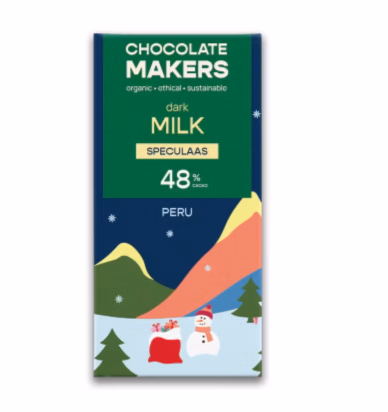 Mörk mjölkchoklad Spekulatius, julig, krispig, eko & fairtrade.