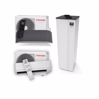 Kombinationspaket: Indol EH200FW4R2 + Toshiba Haori 25 + 2x Toshiba Seiya 25 Komplett installation (inkl. elpaket och ventilationskanal) efter ROT-avdrag