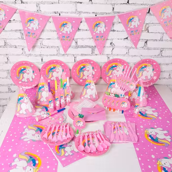 Unicorntema - dukning för 6 personer - Rosa tema
