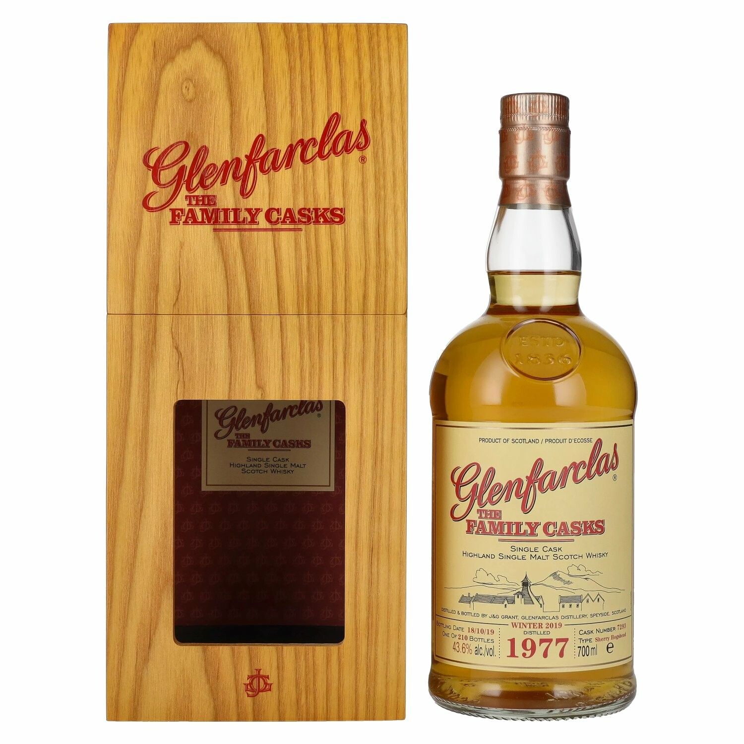 Glenfarclas THE FAMILY CASKS Single Cask WINTER 2019 Sherry Hogshead 1977 43,6% Vol. 0,7l in Holzkiste
