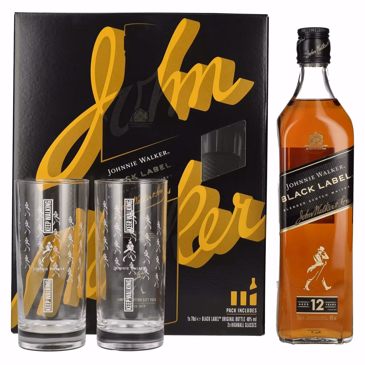 Johnnie Walker BLACK LABEL 12 Years Old 40% Vol. 0,7l in Giftbox with 2 Highballgläsern