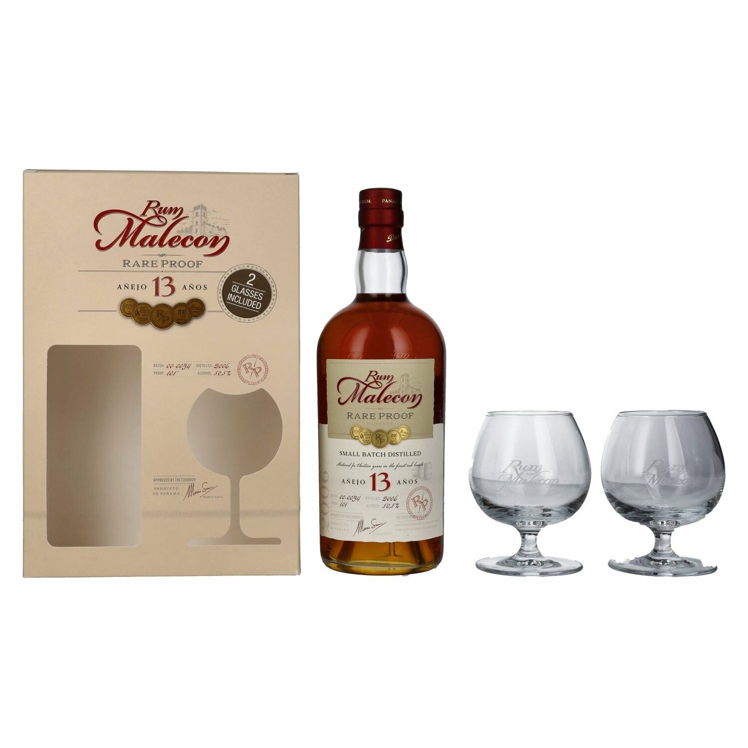 Rum Malecon Añejo 13 Años RARE PROOF 2006 50,5% Vol. 0,7l in Giftbox with 2 glasses
