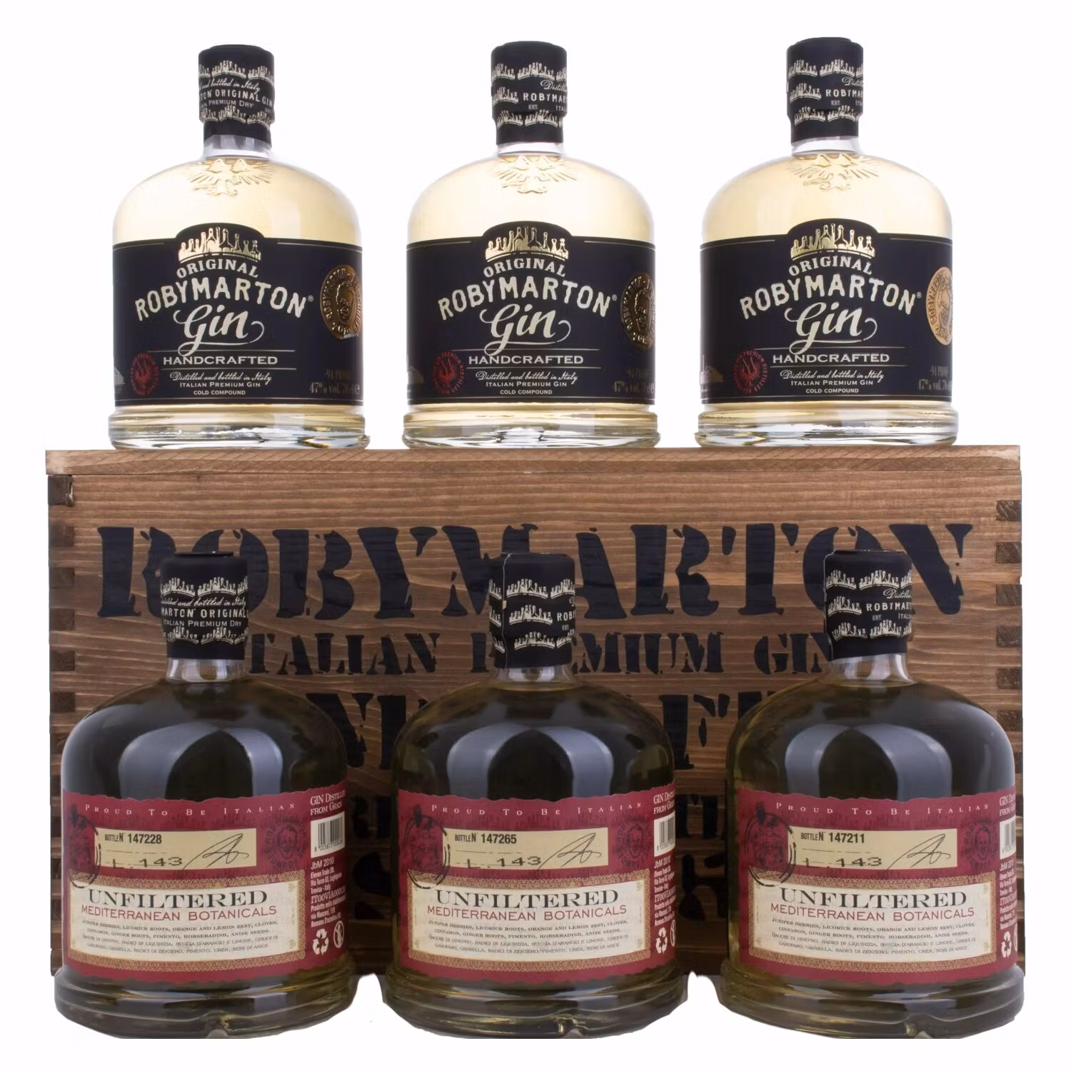 Roby Marton Gin Original Italian Premium Dry 47% Vol. 6x0,7l in Holzkiste
