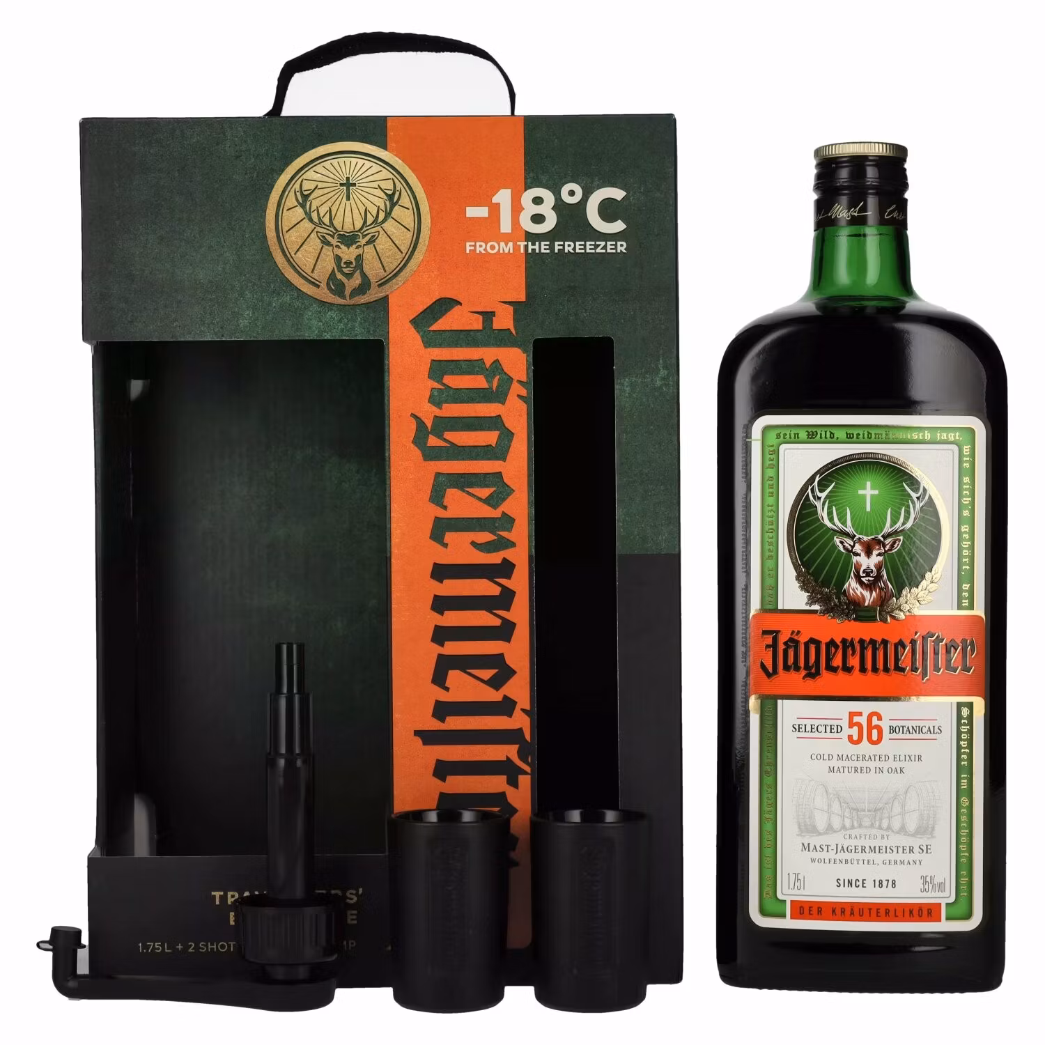 Jägermeister TRAVELLERS' EXCLUSIVE 35% Vol. 1,75l in Giftbox with 2 Shotgläsern and Dosierpumpe