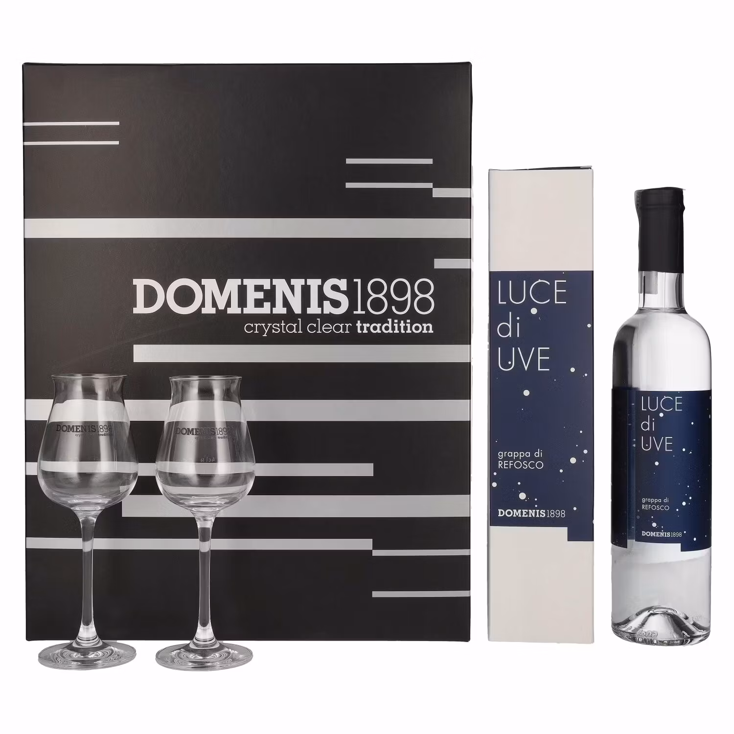 Domenis 1898 LUCE di UVE grappa di REFOSCO 38% Vol. 0,5l in Giftbox with 2 glasses
