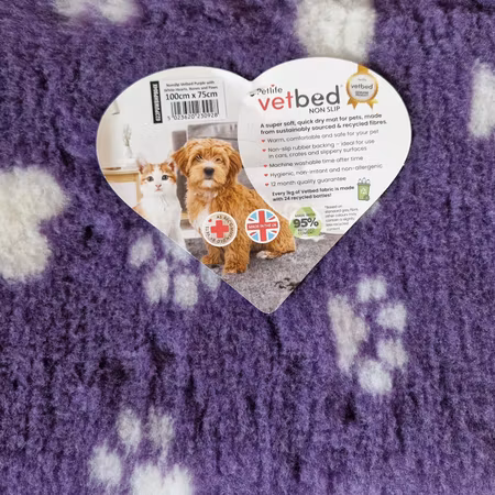 Vet Bed (100x75 cm) Purple with White Hearts, Bones and Paws