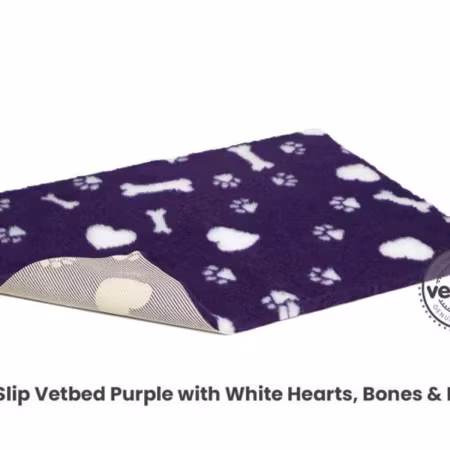Vet Bed (100x75 cm) Purple with White Hearts, Bones and Paws