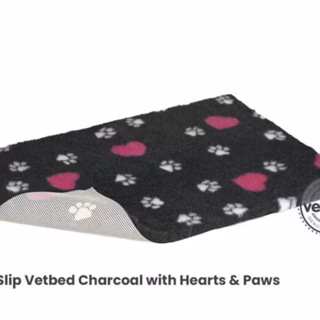 Vet Bed (100x150 cm) Charcoal with pink Hearts and Paws