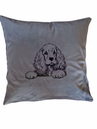 Putetrekk 50x50cm Lys grå velour m/sort Cocker Spaniel