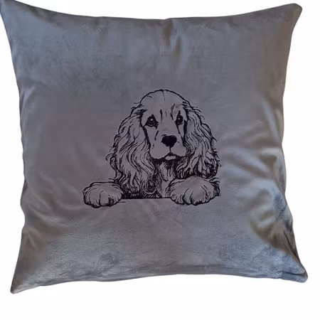 Putetrekk 50x50cm Lys grå velour m/sort Cocker Spaniel