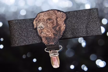 Nummerlapp holder ermstrikk med Labrador