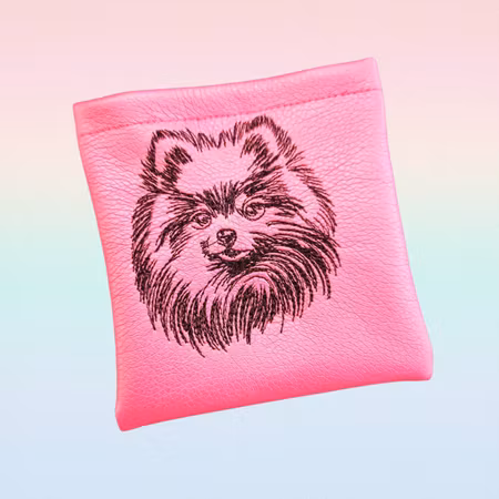 Godbitlomme Pink m/maskinbrodert Pomeranian 11x11cm
