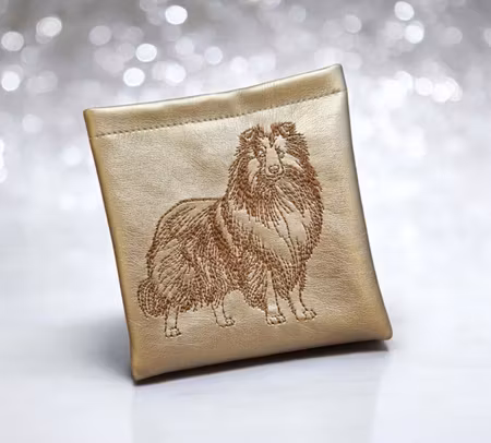 Godbitlomme Støvet gull m/maskinbrodert Sheltie 11x11cm
