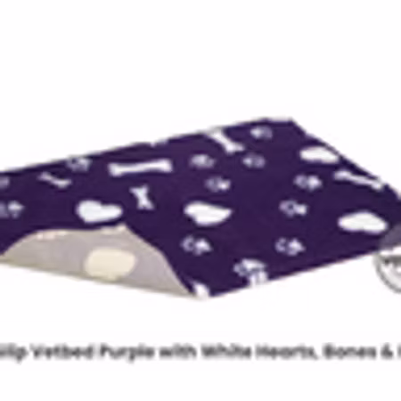 Vet Bed (75x50cm) Purple withWhite Hearts, Bones and Paws