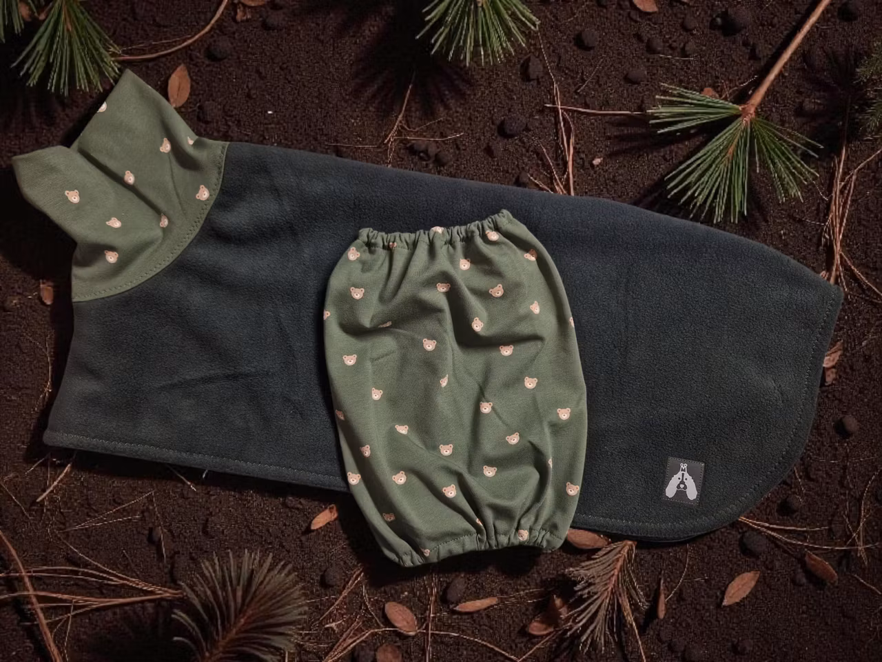 Fleece tørkedekken sett mørk grønn m/bamsehoder L