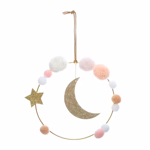 Veggdekorasjon glitter måne med pompom