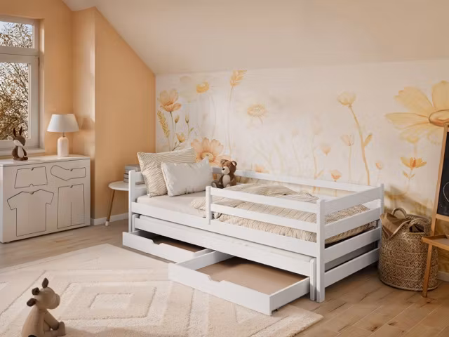 Hvit barneseng Hedda 90x200 cm med ekstraseng og oppbevaringsskuffer
