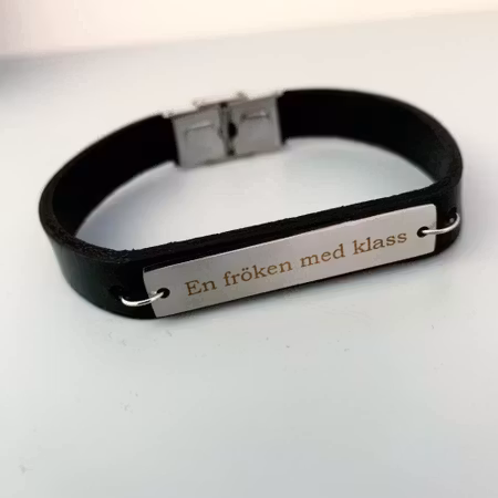 Armband med bricka i stål - läder/kedja