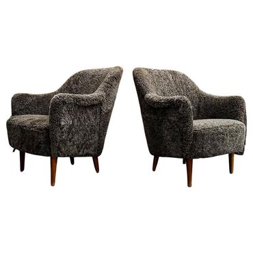 Midcentury Modern Sheepskin/Shearling Carl Malmsten Model Samspel Lounge Chairs