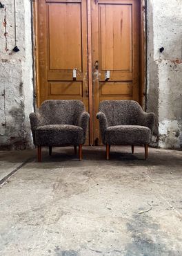 Midcentury Modern Sheepskin/Shearling Carl Malmsten Model Samspel Lounge Chairs
